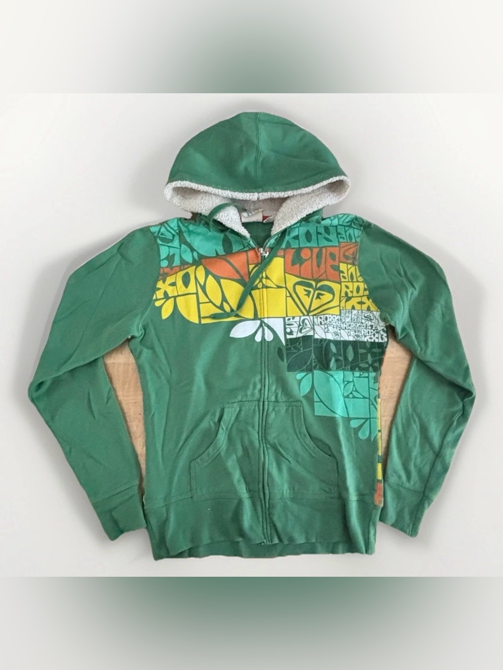 Vintage ROXY Sherpa Zip Up Hoodie Women's XL AOP Y2K Green Skater Surf Surfwear